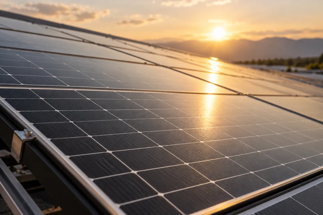 Immagine illustrativa: pannelli fotovoltaici su un tetto, col sole basso sulle colline