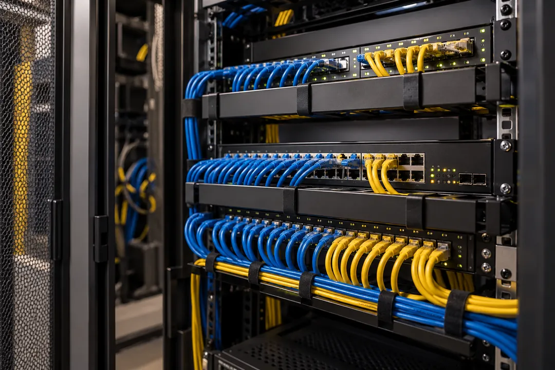 Immagine illustrativa: un armadio rack con gli switch e i cavi di rete gialli e blu in ordine